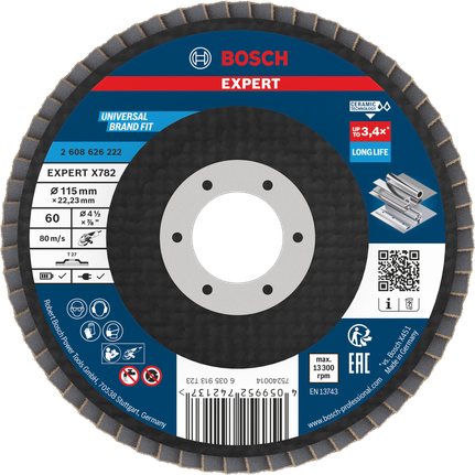 Lamelový kotouč Bosch EXPERT X782 115 mm G60 pro broušení kovů s dlouhou životností.